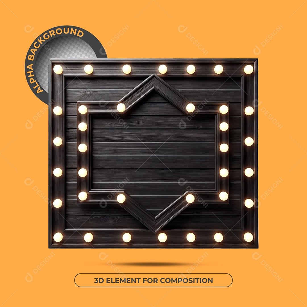 3D Black Wooden Frame Element With Lights For PSD Composition