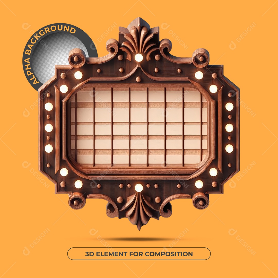 Elemento 3D Moldura De Madeira Com Luzes Para Composição PSD