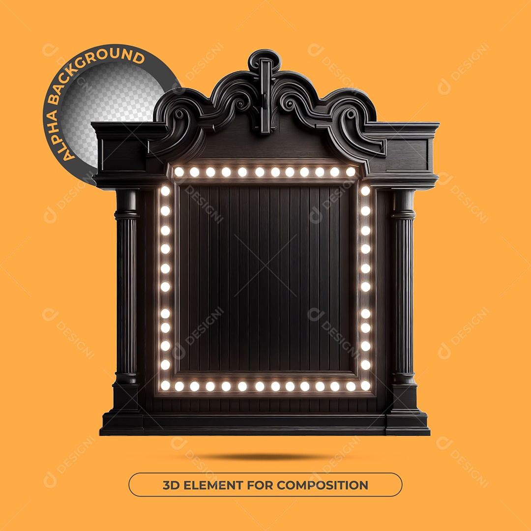Elemento 3D Moldura De Madeira Preta Com Luzes Para Composição PSD