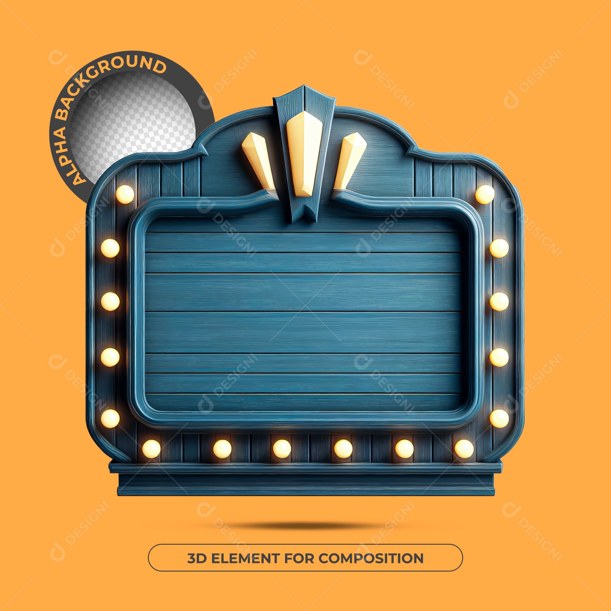 Elemento 3D Moldura De Madeira Azul Com Luzes Para Composição PSD