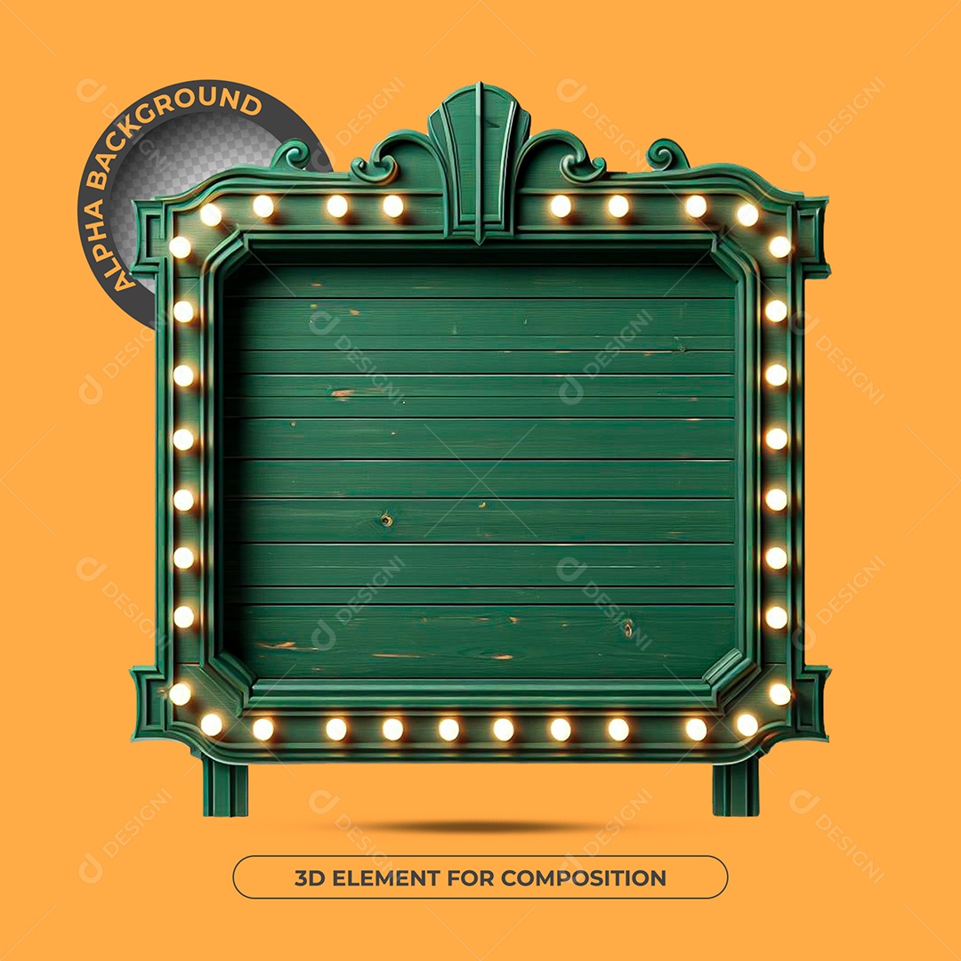 3D Green Wooden Frame Element With Lights For PSD Composition