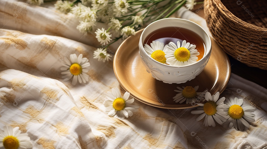 Xícara com chá de camomila
