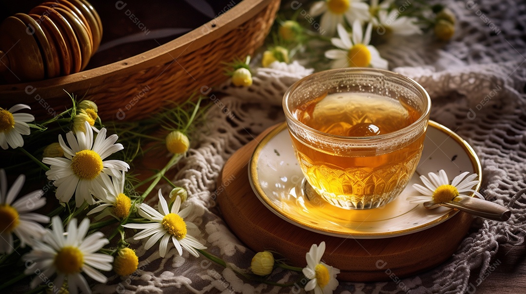 Xícara com chá de camomila