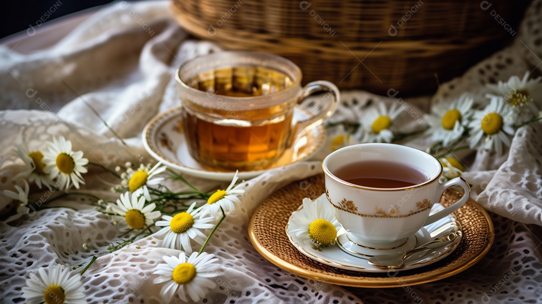 Xícara com chá de camomila