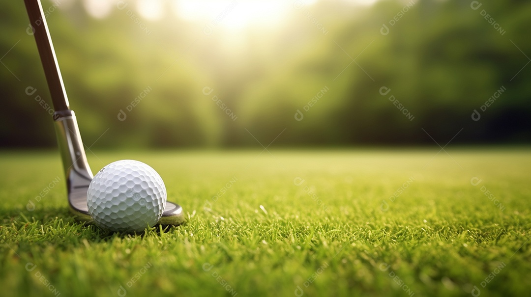 Taco de golfe e a bola no gramado verde