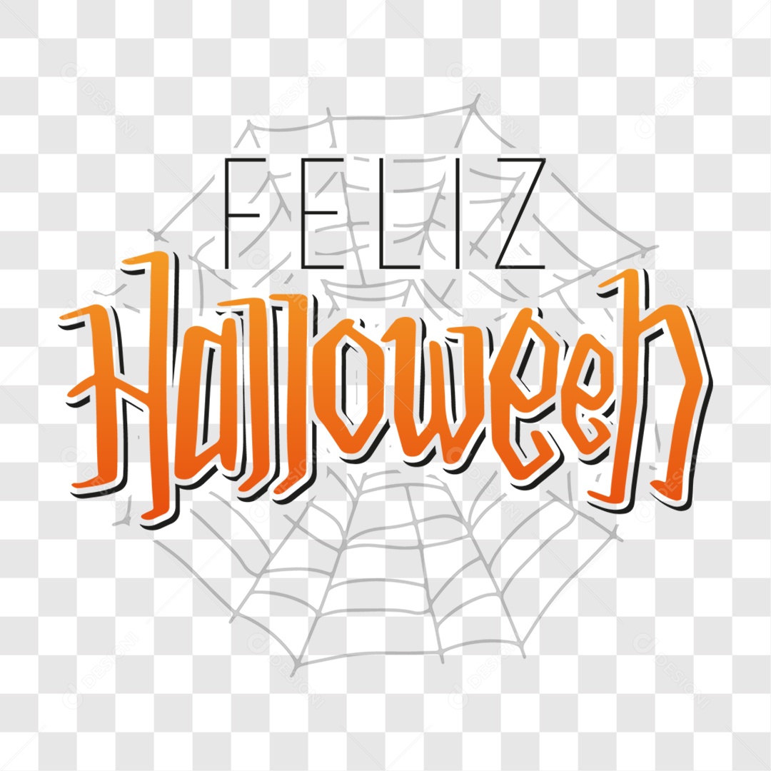 Lettering Feliz Halloween Texto Preto e Laranja em Teia de Aranha Preta EPS + PNG