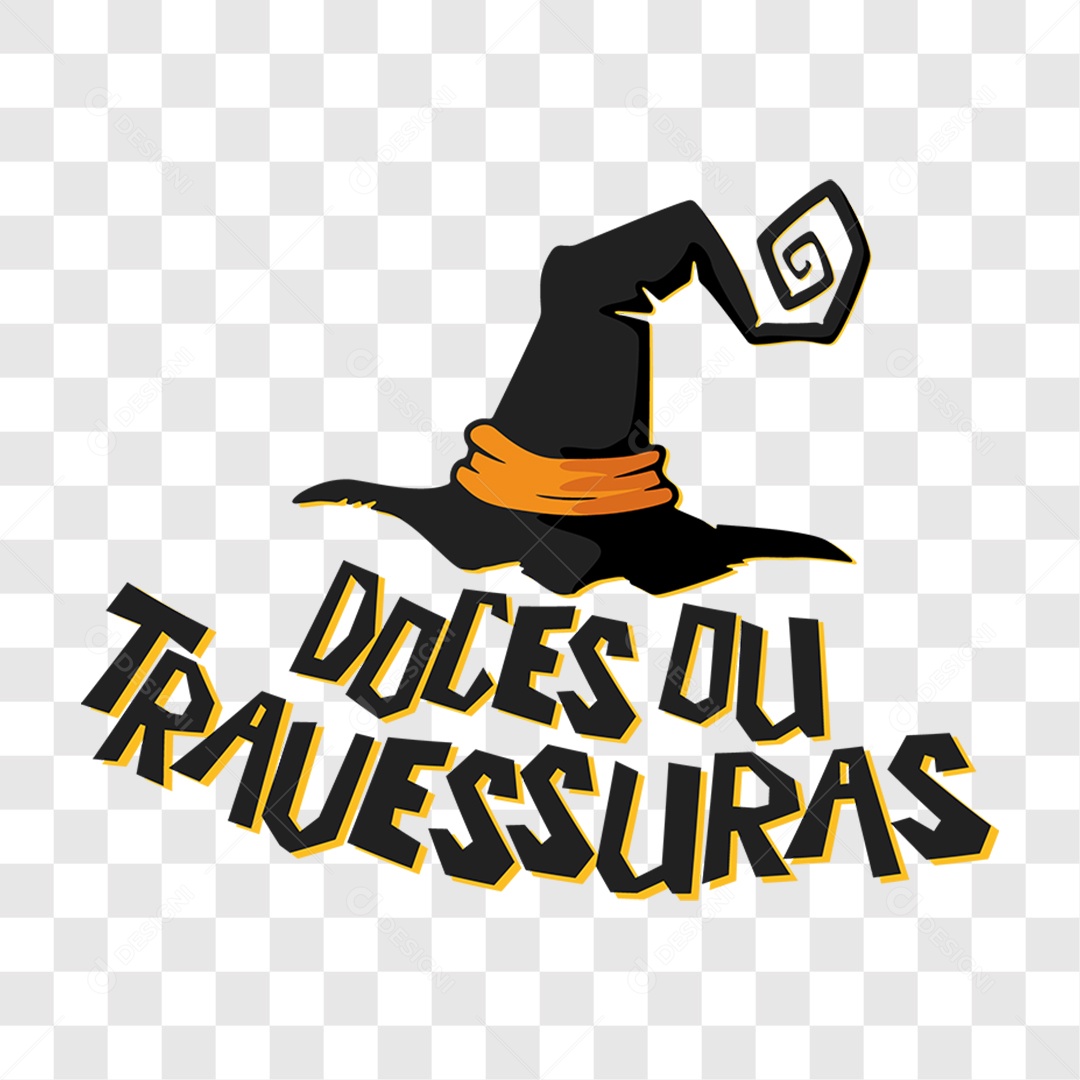 Lettering Doces Ou Travessuras Texto Preto e Amarelo com Chapéu de Bruxa EPS + PNG