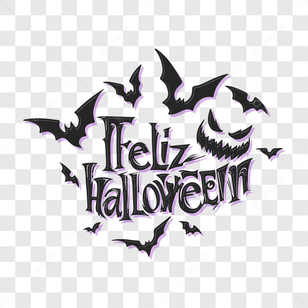 Lettering Feliz Halloween Texto Preto e Morcegos Voando EPS + PNG