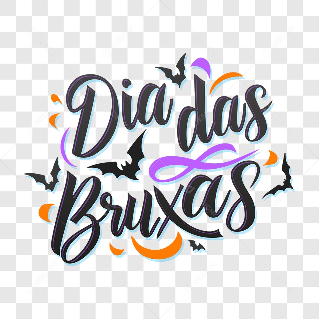 Lettering Dia das Bruxas Texto Preto e Morcegos Voando EPS + PNG