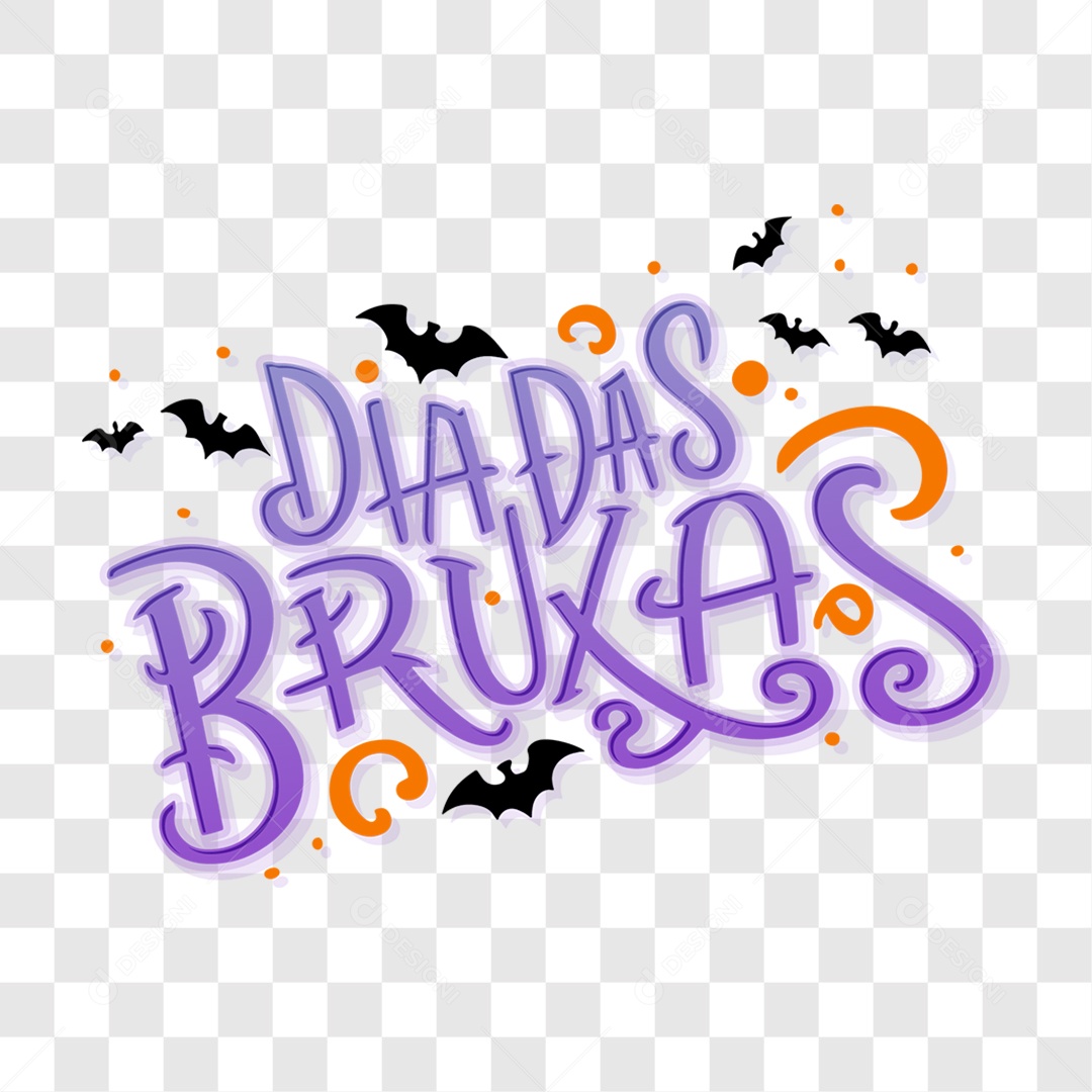 Lettering Dia das Bruxas Texto Roxo com Morcegos Voando EPS + PNG