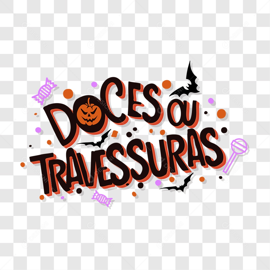 Lettering Doces ou Travessuras Texto Preto e Laranja com Morcegos e Abóbora EPS + PNG