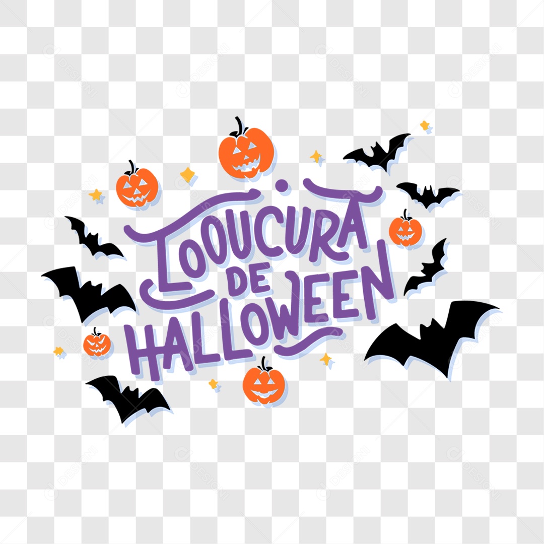 Lettering Loucura de Halloween Texto Roxo com Morcegos Voando EPS + PNG
