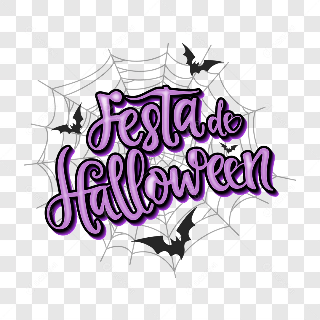 Lettering Festa de Halloween Texto Roxo em Teia de Aranha com Morcegos EPS + PNG