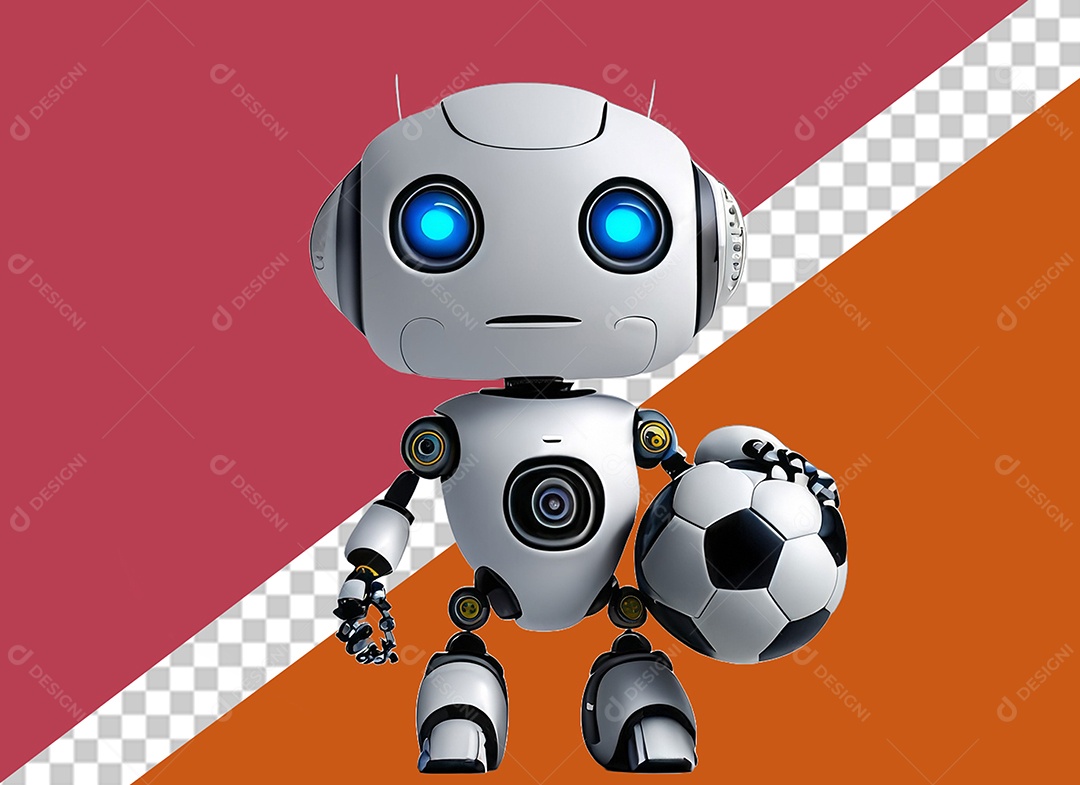 Robô Branco 3D Segurando Bola de Futebol Elemento para Composição PSD