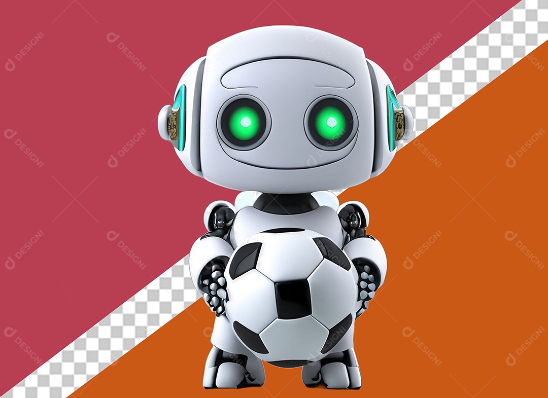 Elemento Robô Branco 3D Segurando Bola de Futebol para Composição PSD