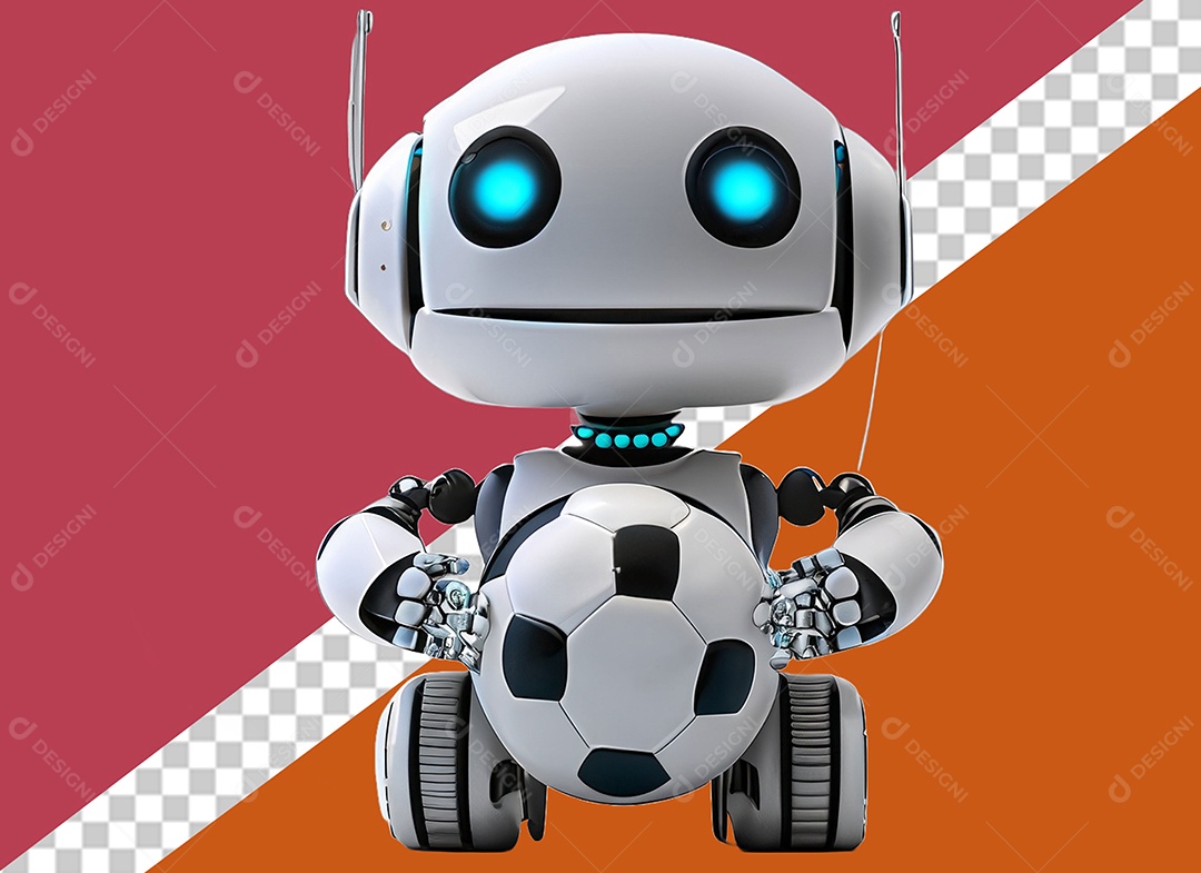 Robô Branco 3D Segurando Bola de Futebol Elemento para Composição PSD