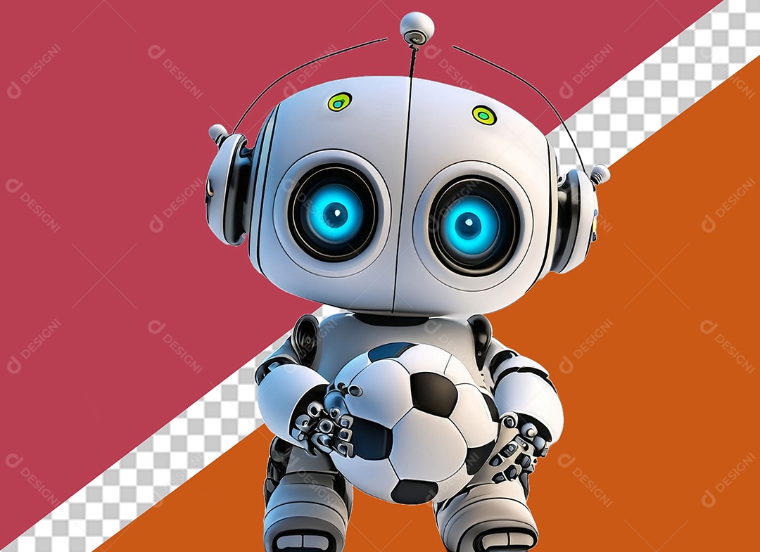 3D White Robot Holding Soccer Ball Element for PSD Composition