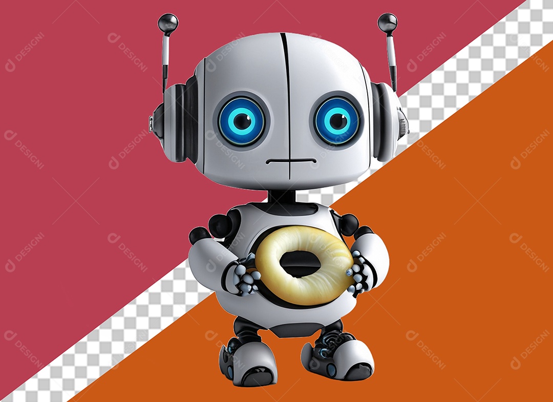 Robô Branco 3D Segurando Rosquinha Elemento para Composição PSD