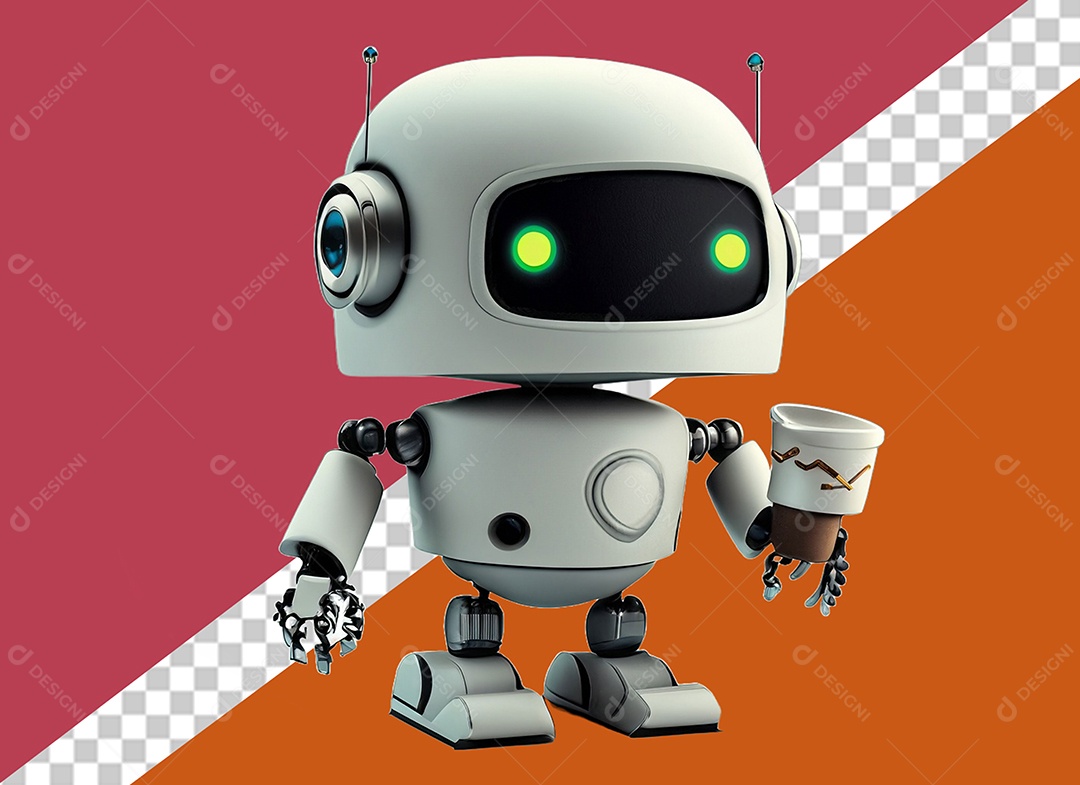 Robô Branco 3D Segurando Objetos Elemento para Composição PSD