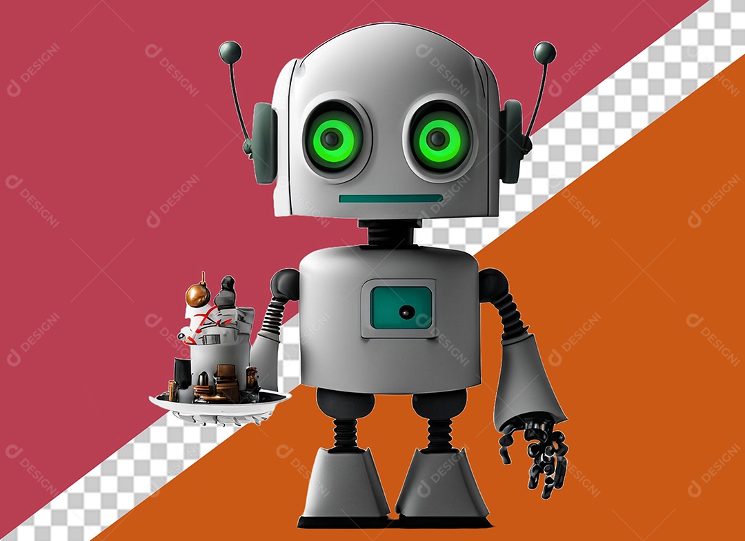 Robô Branco 3D Segurando Objetos Elemento para Composição PSD