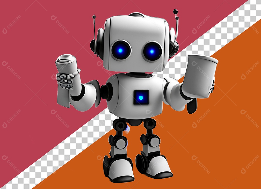 Robô Branco 3D Segurando Objetos Elemento para Composição PSD