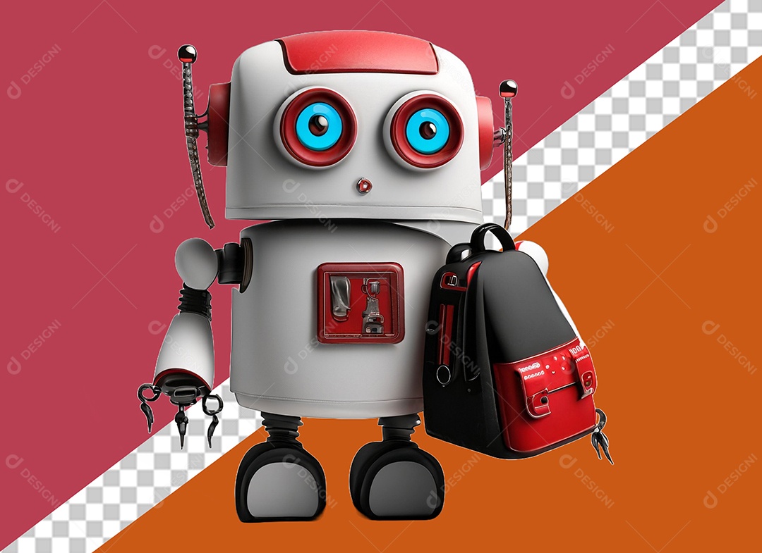 Robô 3D Carregando Mochila Vermelha e Preto Elemento para Composição PSD