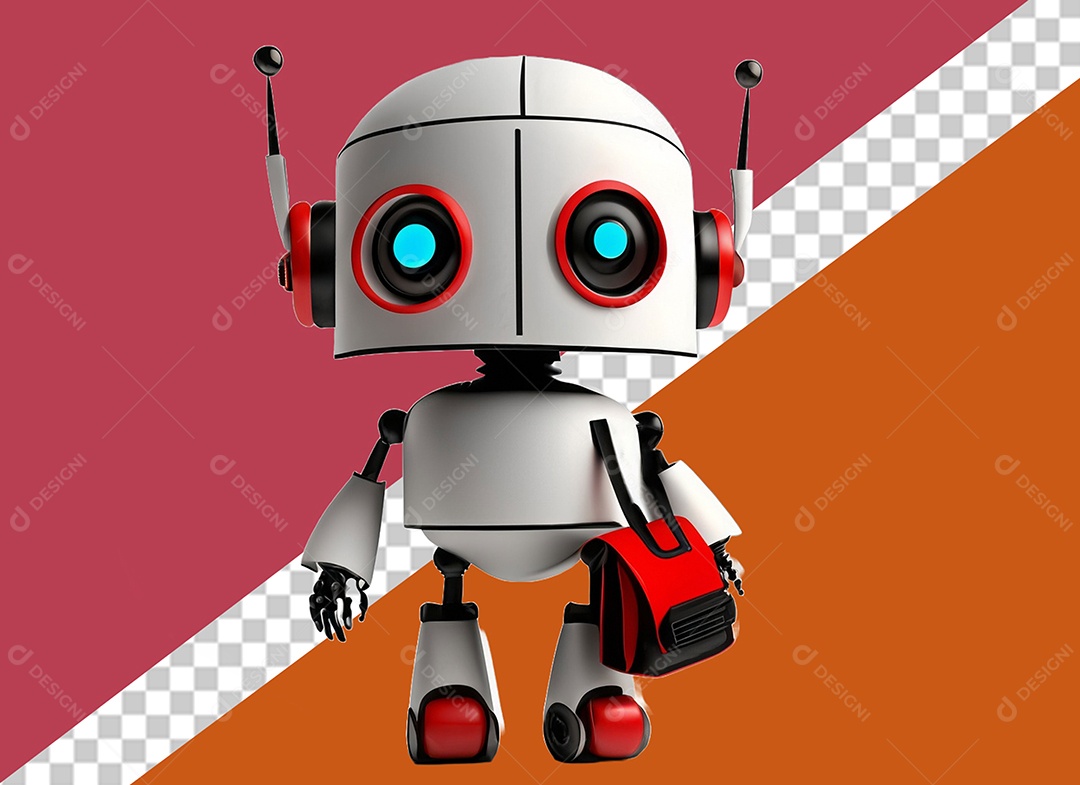 Robô Branco 3D Carregando Mochila Vermelha e Preto Elemento para Composição PSD