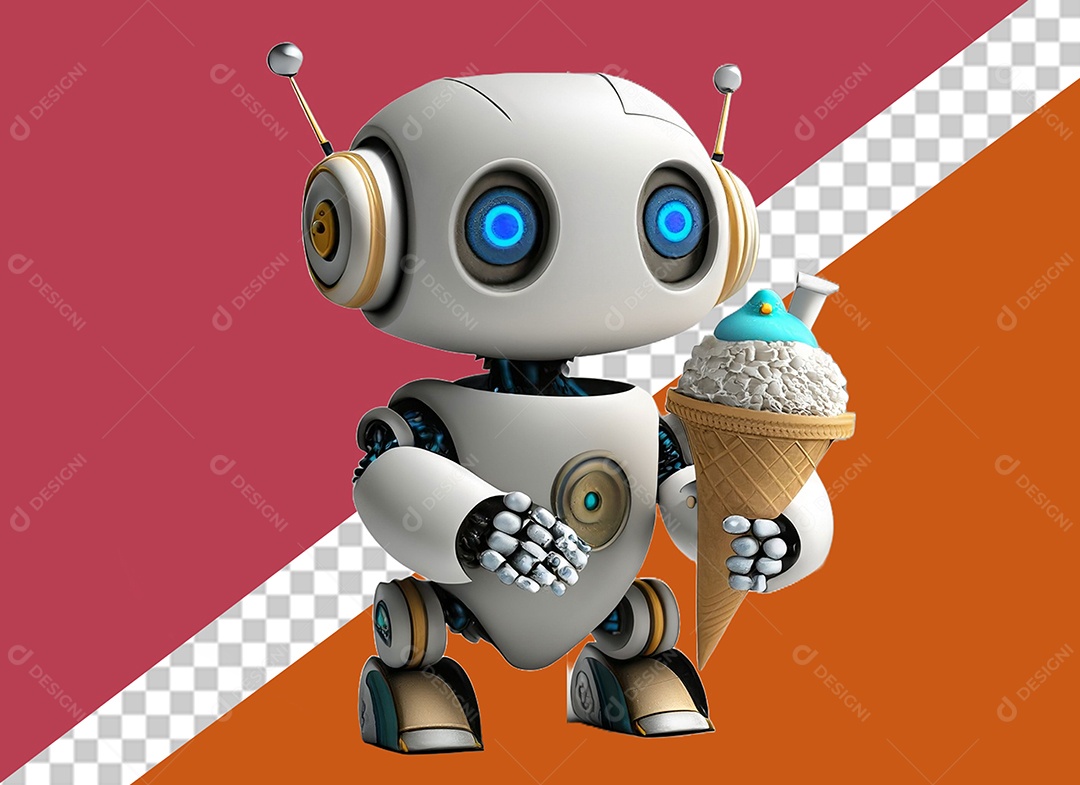 Robô 3D Segurando Casquinha de Sorvete Elemento para Composição PSD