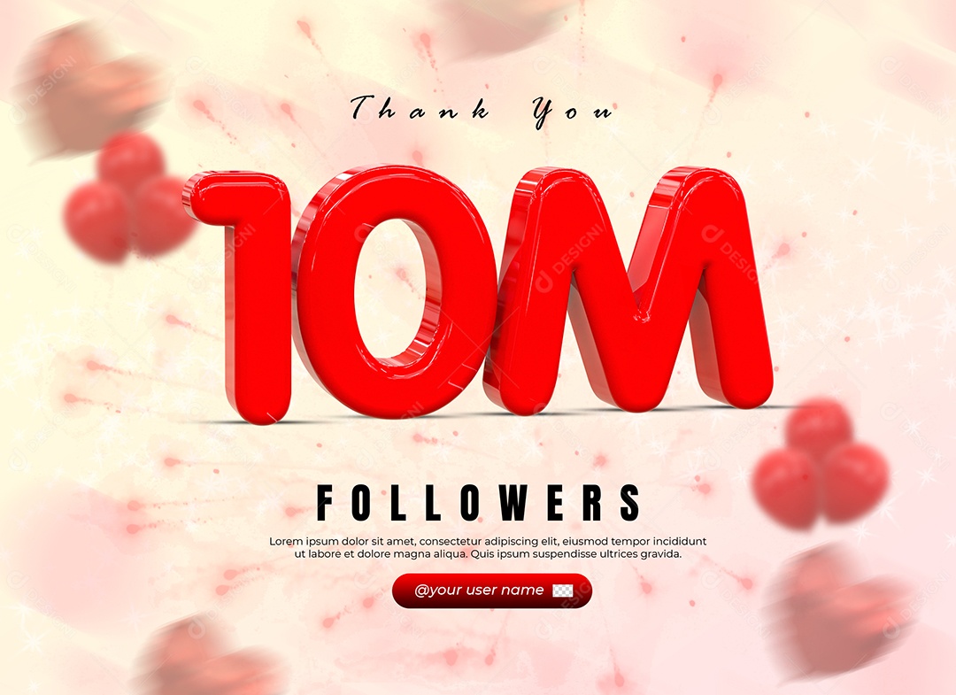 Elemento 3D 10M de Seguidores Vermelho para Composição PSD