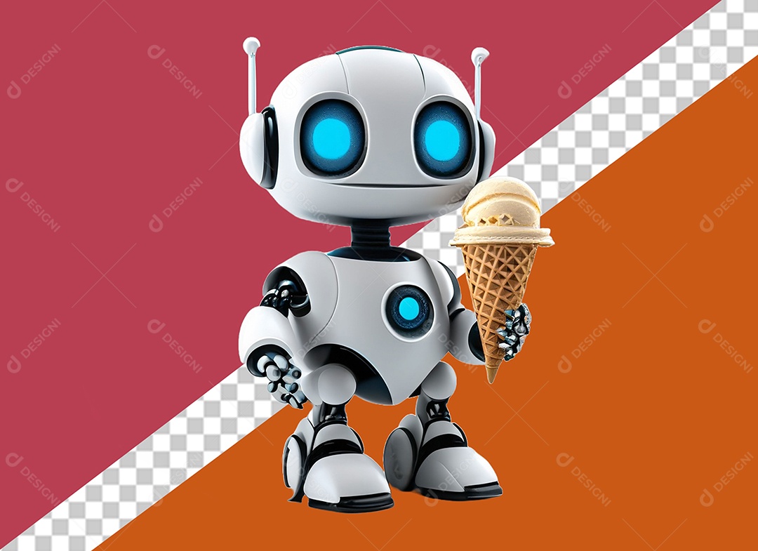 Robô 3D Segurando Casquinha de Sorvete de Baunilha Elemento para Composição PSD