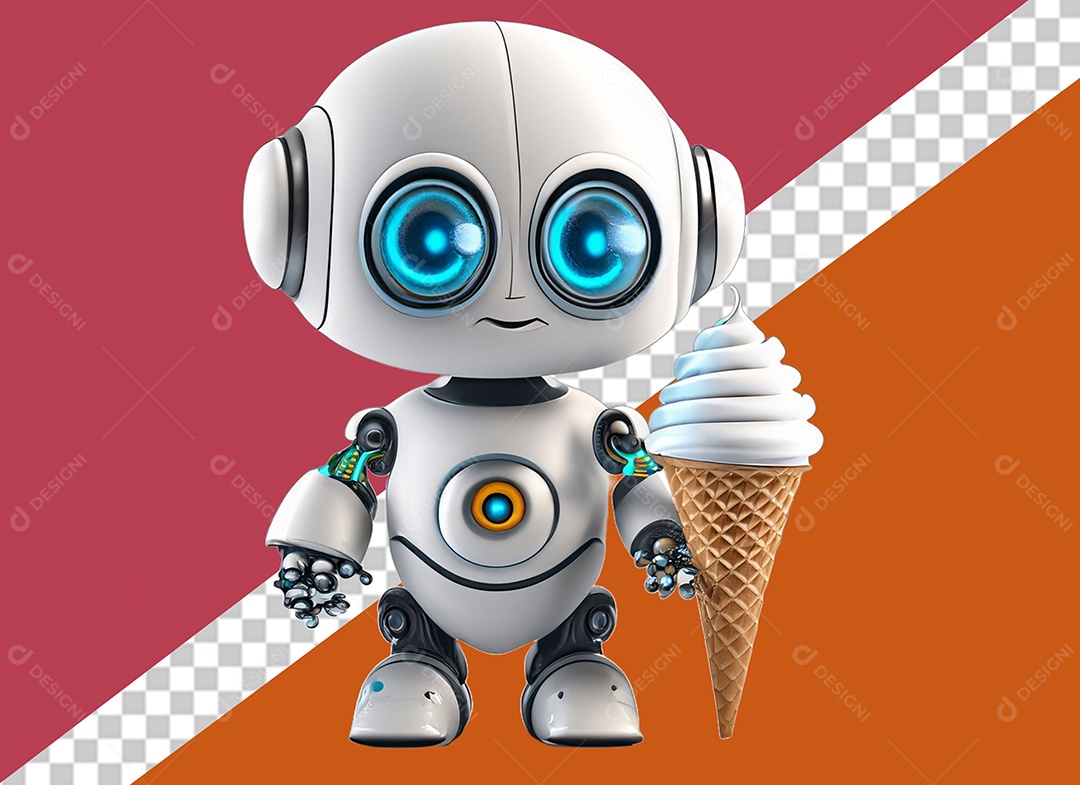 Robô 3D Segurando Casquinha de Sorvete de Chocolate Branco Elemento para Composição PSD