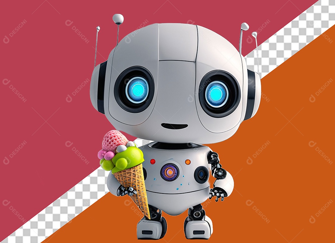 Robô 3D Segurando Casquinha de Sorvete de Vários Sabores Elemento para Composição PSD