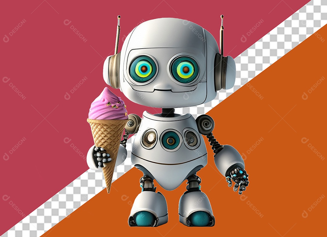 Robô 3D Segurando Casquinha de Sorvete de Morango Elemento para Composição PSD