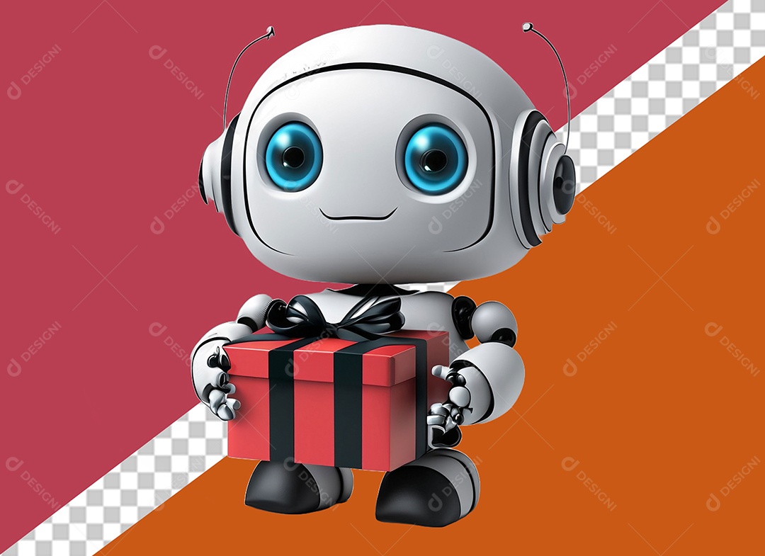 Robô 3D Segurando Caixa de Presente Vermelha e Preta Elemento para Composição PSD