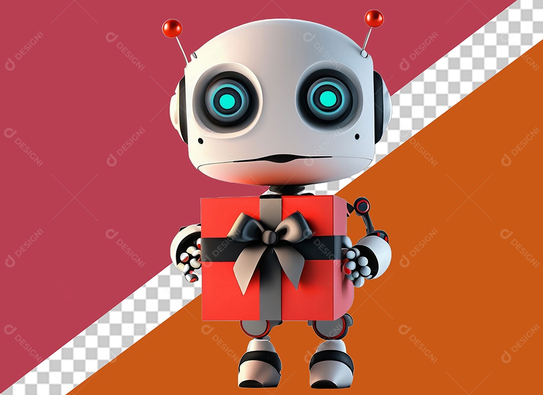 Robô 3D Segurando Caixa de Presente Vermelha e Preta Elemento para Composição PSD