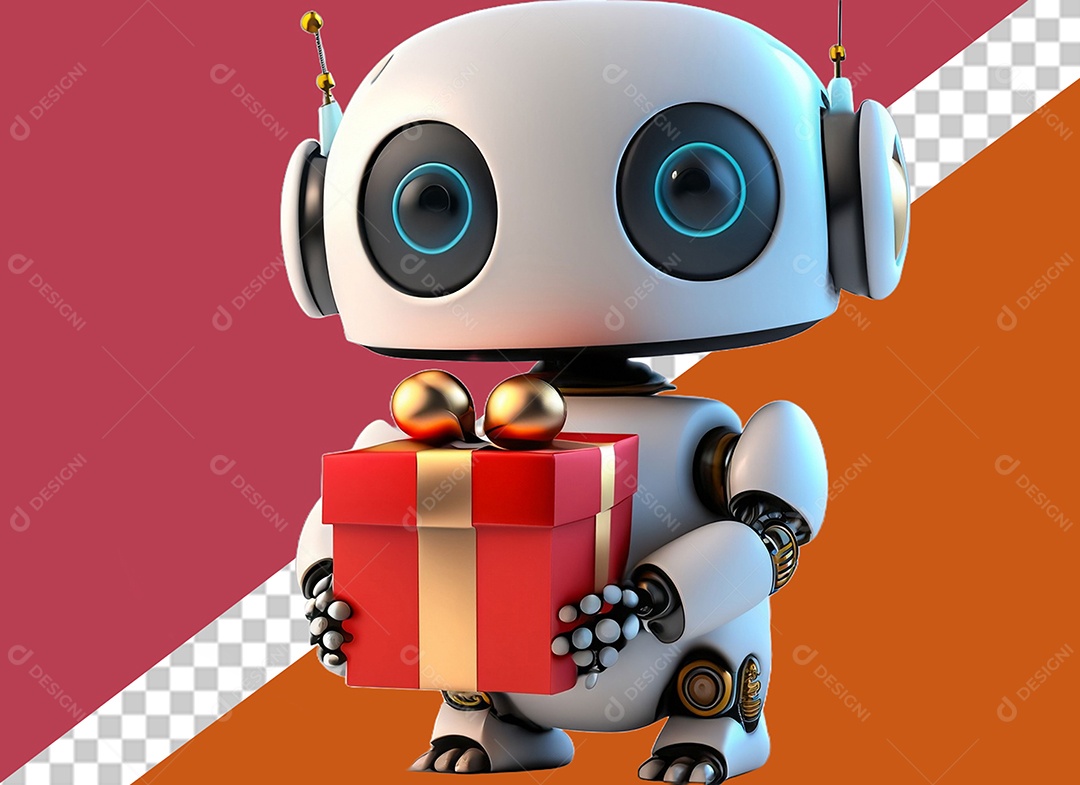 Robô 3D Segurando Caixa de Presente Vermelha e Dourado Elemento para Composição PSD