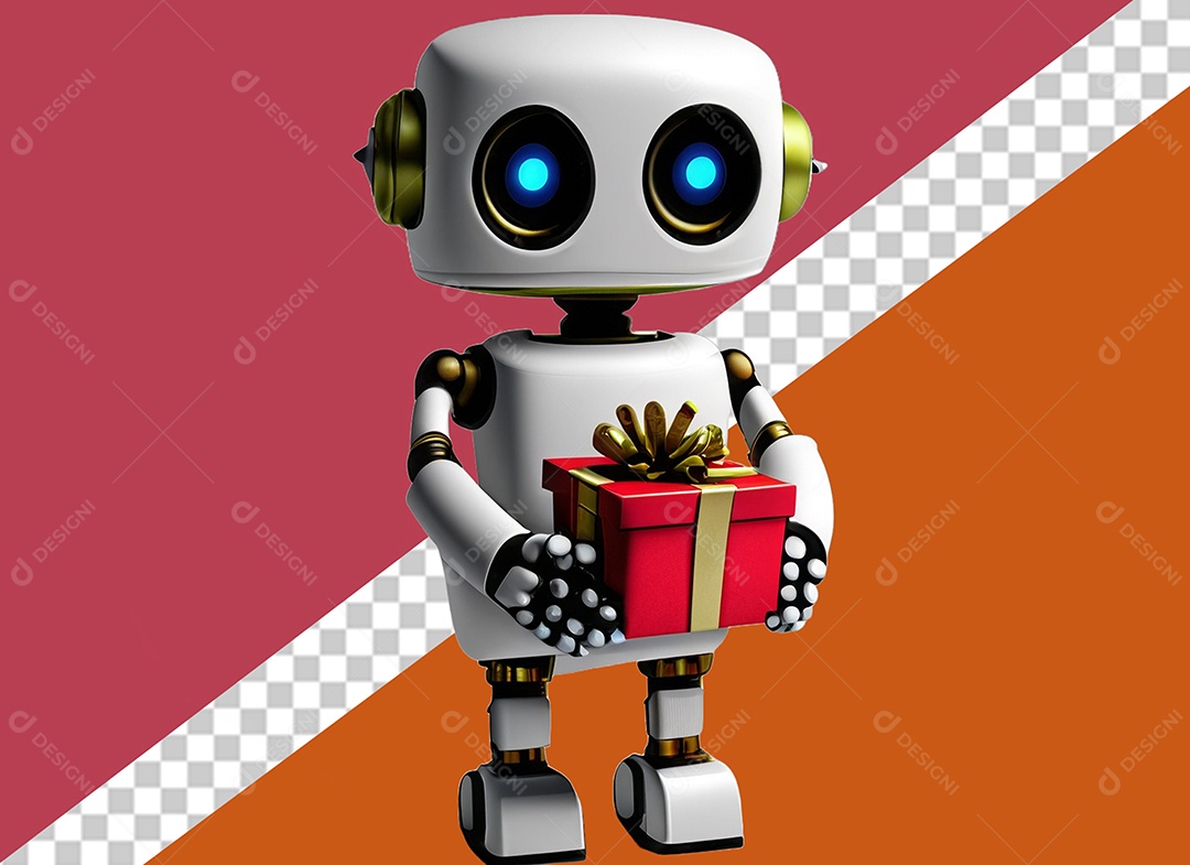 Elemento Robô 3D Segurando Caixa de Presente Vermelha e Dourado para Composição PSD