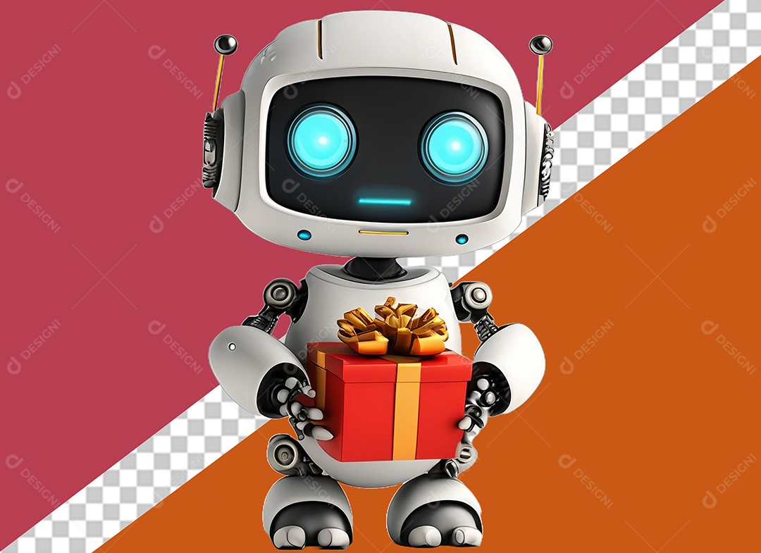 Elemento Robô 3D Segurando Caixa de Presente Vermelha e Dourado para Composição PSD