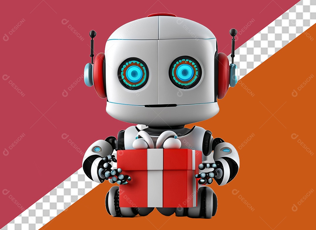 Elemento Robô 3D Segurando Caixa de Presente Vermelha e Branco para Composição PSD