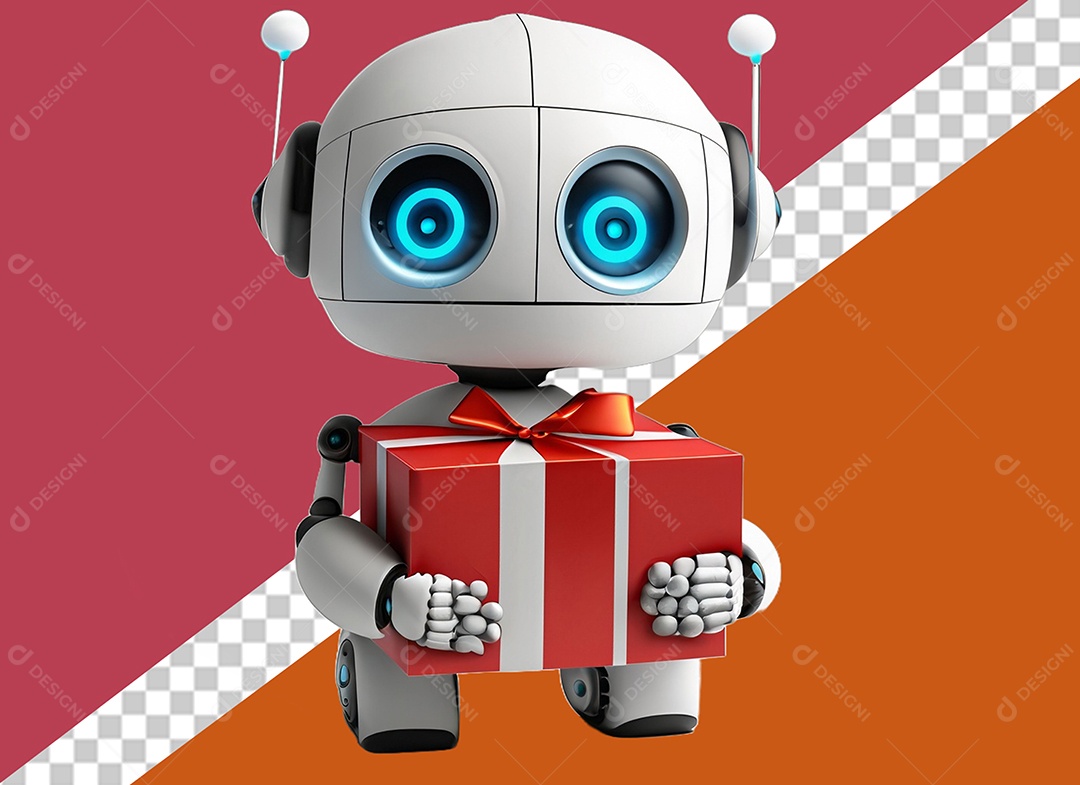 Elemento Robô 3D Segurando Caixa de Presente Vermelha e Branco para Composição PSD