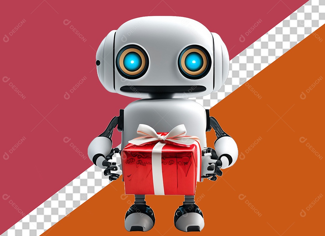 Elemento Robô 3D Segurando Caixa de Presente Vermelha e Branco para Composição PSD