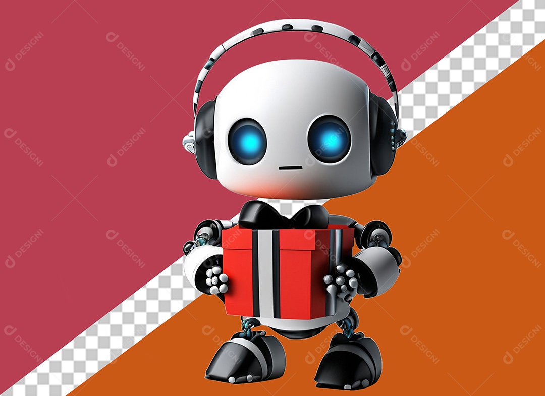 Elemento Robô 3D Segurando Caixa de Presente Vermelha e Branco para Composição PSD