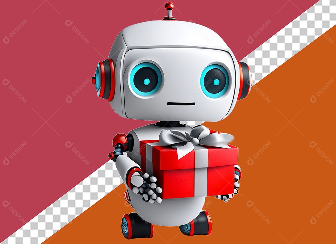 Elemento Robô 3D Segurando Caixa de Presente Vermelha e Branco para Composição PSD