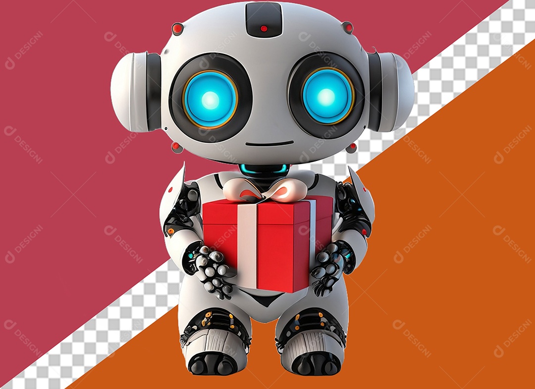 Elemento Robô 3D Segurando Caixa de Presente Vermelha e Branco para Composição PSD