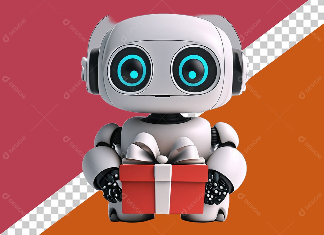 Elemento Robô 3D Segurando Caixa de Presente Vermelha e Branco para Composição PSD