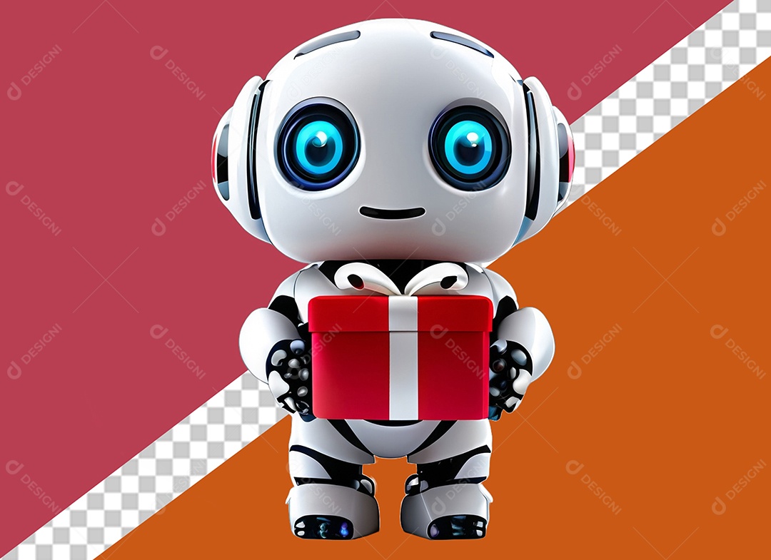 Elemento Robô 3D Segurando Caixa de Presente Vermelha e Cinza para Composição PSD