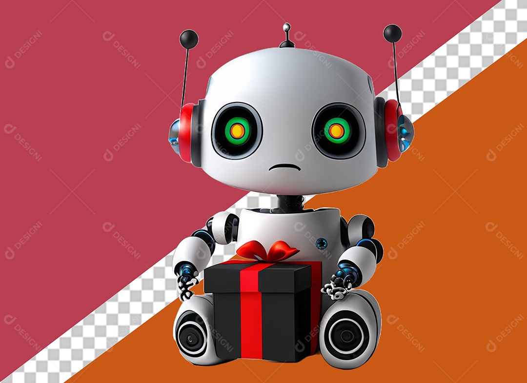 Elemento Robô 3D Segurando Caixa de Presente Preta e Vermelha para Composição PSD