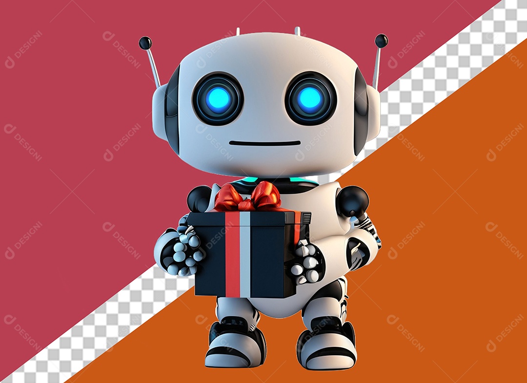 Elemento Robô 3D Segurando Caixa de Presente Preta e Vermelha para Composição PSD