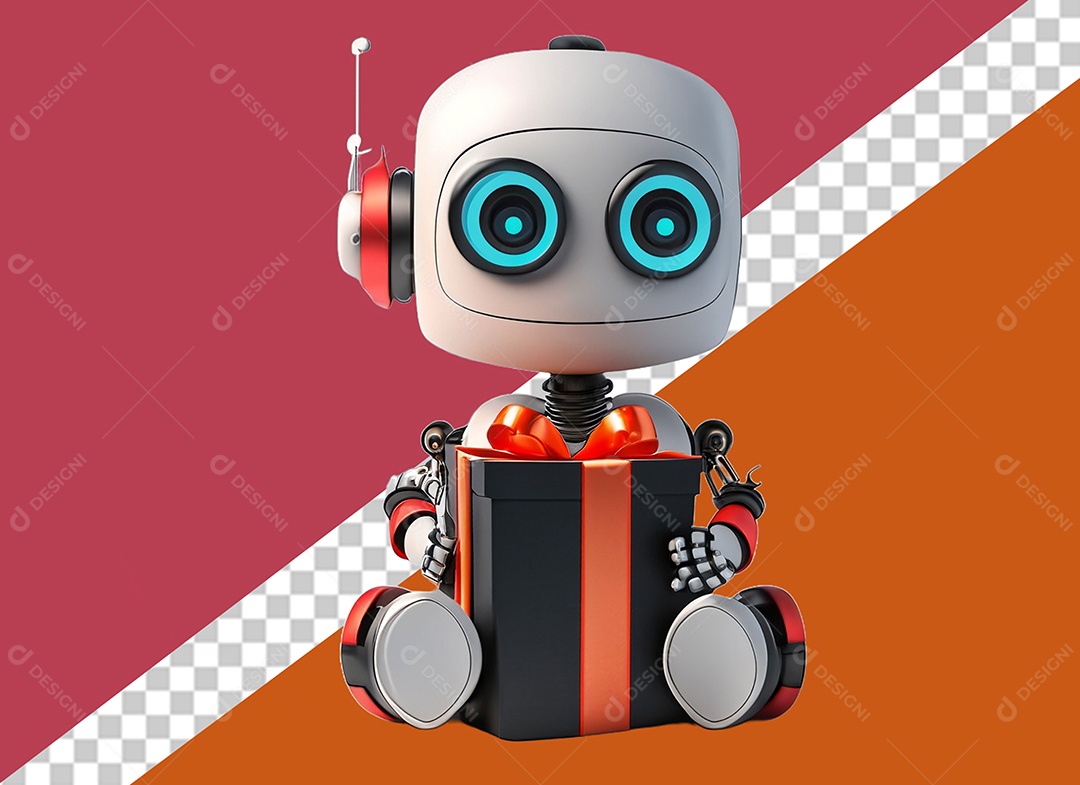Elemento Robô 3D Segurando Caixa de Presente Preta e Vermelha para Composição PSD