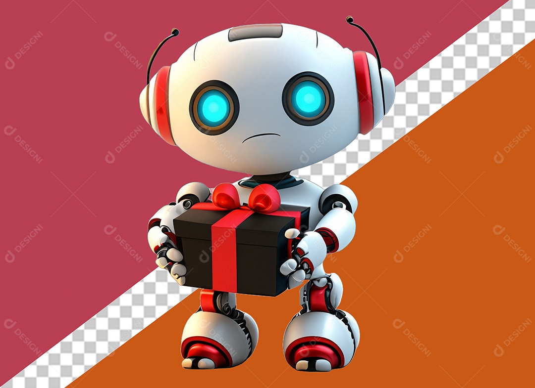 Robô 3D Segurando Caixa de Presente Preta e Vermelha Elemento para Composição PSD
